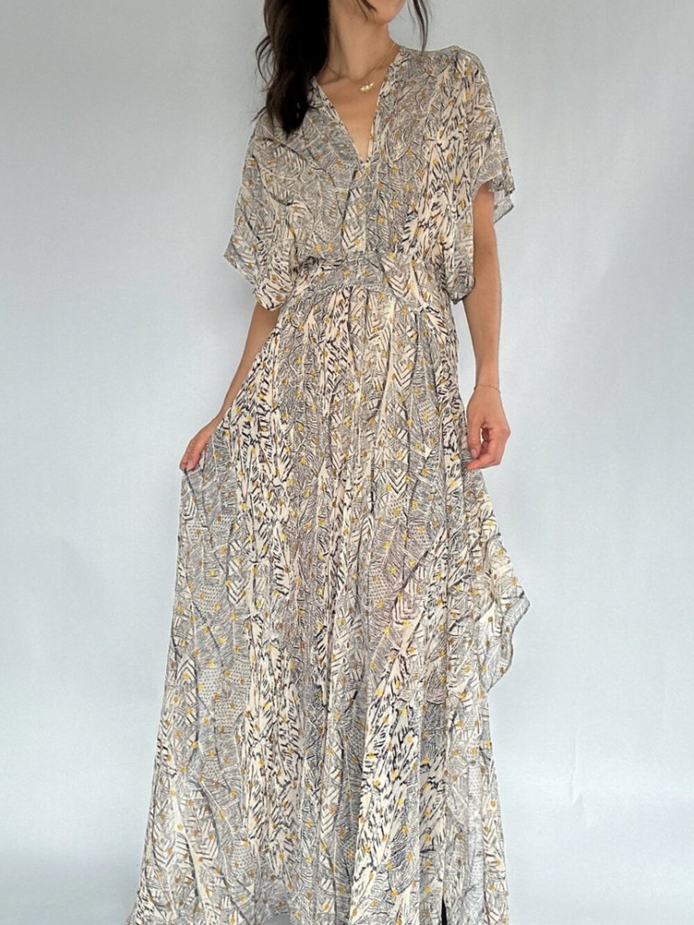 Another Life Flowy Bohemian Maxi Dress Metallic Gold Detail Split Hem - Size S
